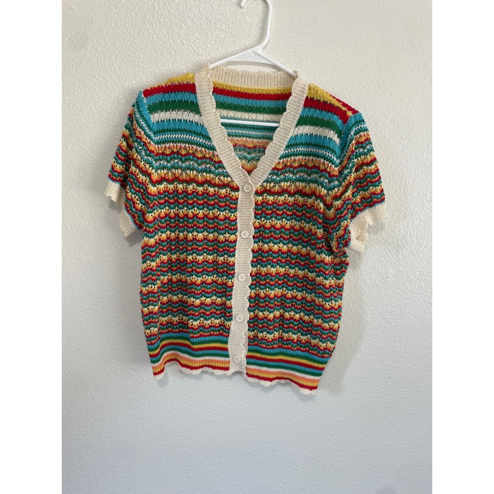 Crochet Cardigan Women Large Multi Rainbow Striped Unbrand Short Sleeve Boho Top